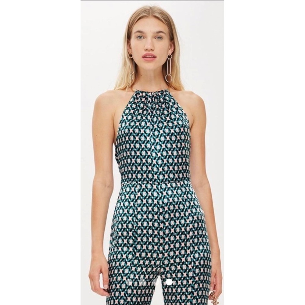 Topshop Green Geometric Halter Neck Flare Leg Jumpsuit Pink Black size 4
